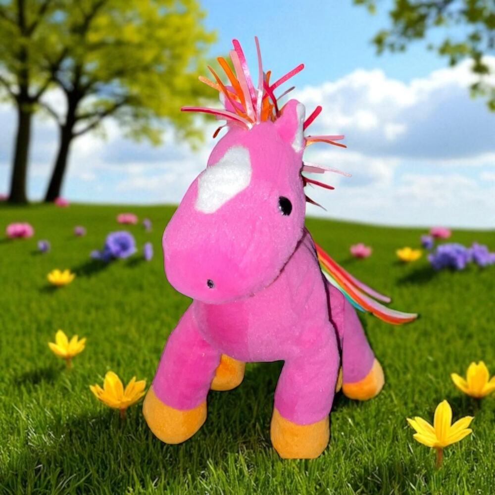Animal Adventure 10" Plush Horse Pony White Diamond Mane Pink Ribbons Toy Gift